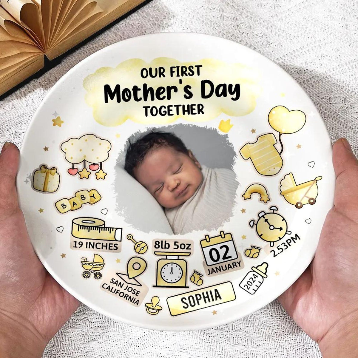 Custom Photo Our First Mother's Day Information Icon Personalized Ceramic Plate