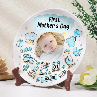 Custom Photo Our First Mother's Day Information Icon Personalized Ceramic Plate