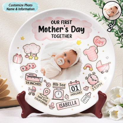 Custom Photo Our First Mother's Day Information Icon Personalized Ceramic Plate