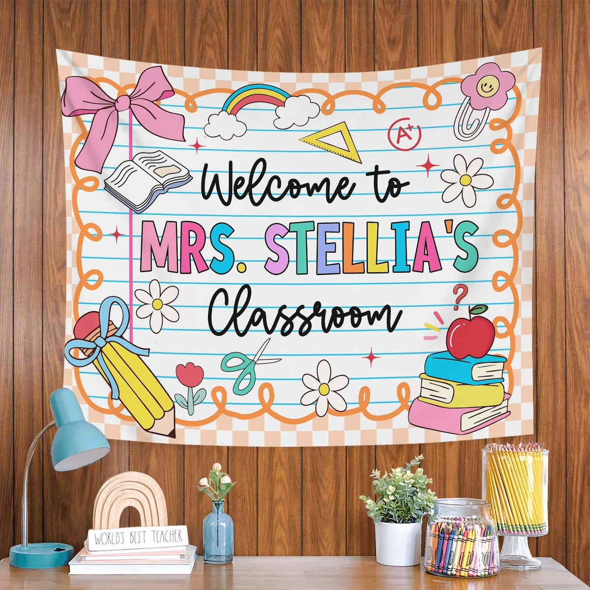 Personalized Teacher Tapestry, Custom Welcome Classroom Banner with Name