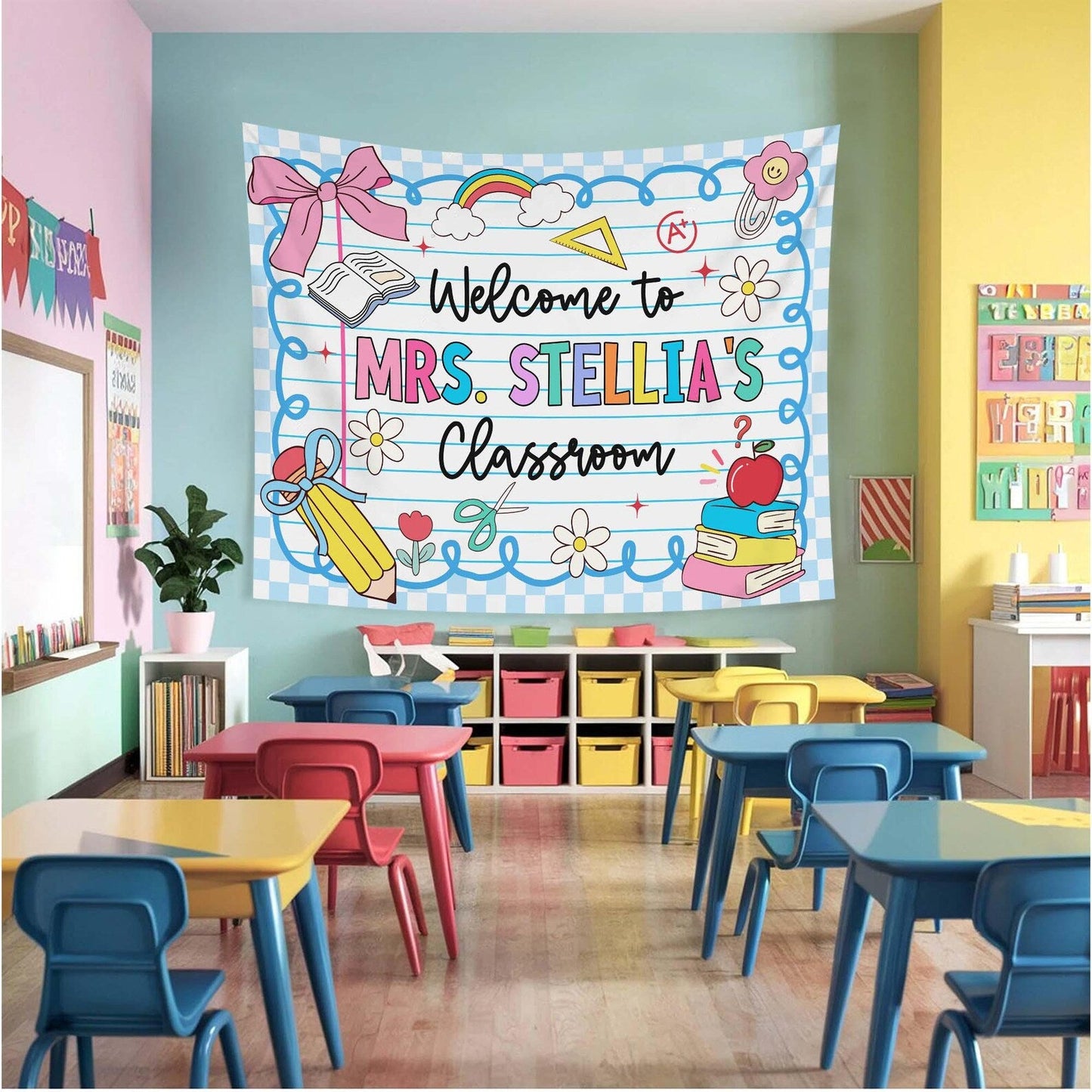 Personalized Teacher Tapestry, Custom Welcome Classroom Banner with Name