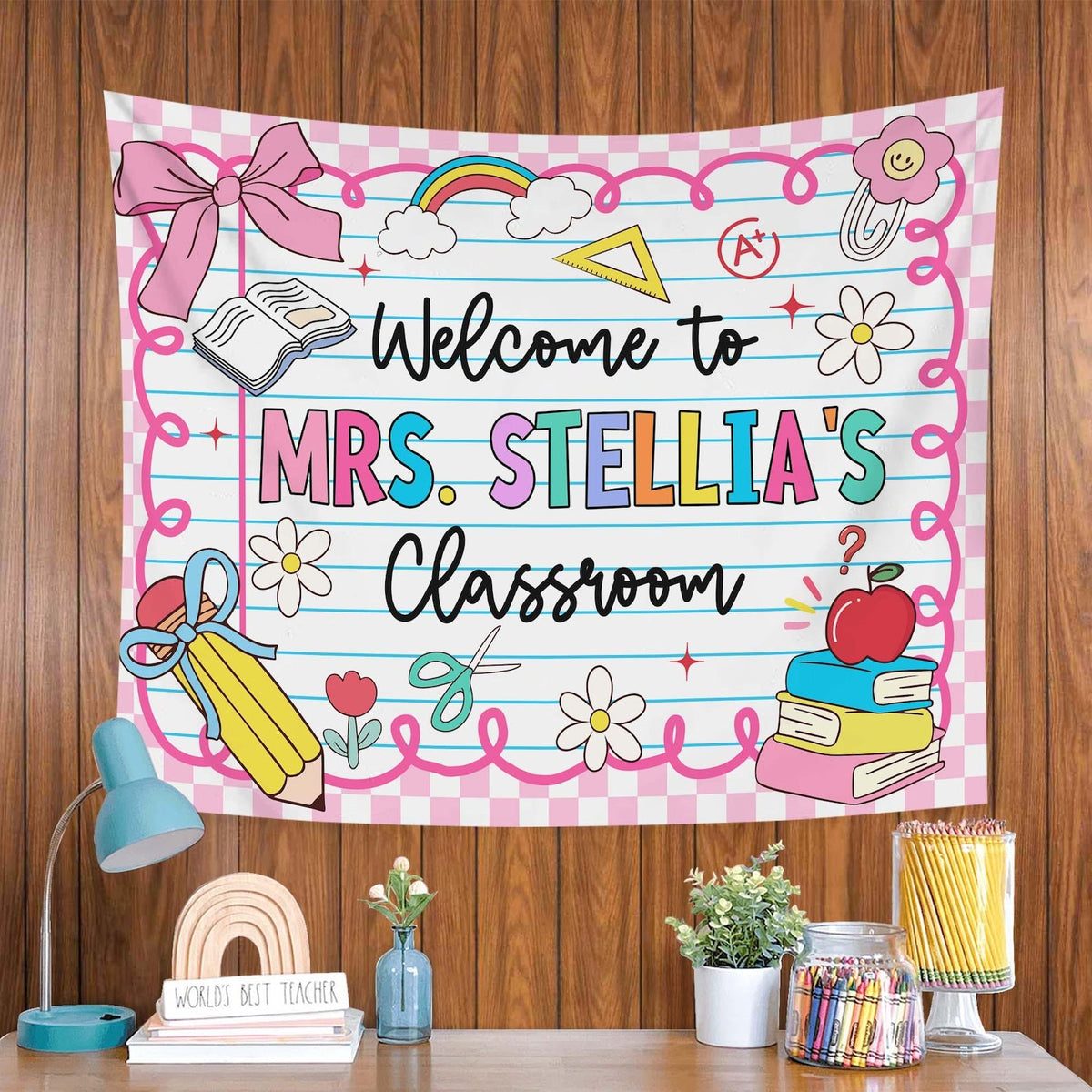 Personalized Teacher Tapestry, Custom Welcome Classroom Banner with Name