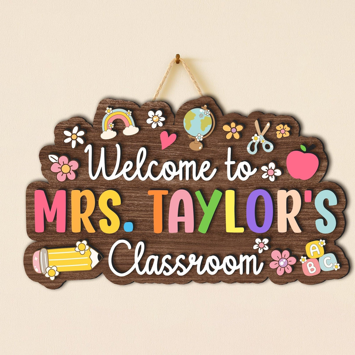Personalized Teacher Name Sign: 3D Wood Classroom Door Hanger