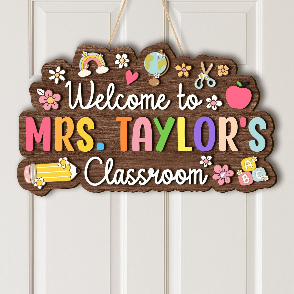 Personalized Teacher Name Sign: 3D Wood Classroom Door Hanger