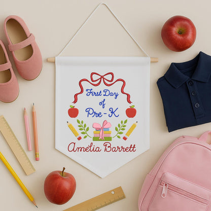 Personalized Back to School Banner, First Day of School Pennant, Embroidered Flag Pennant