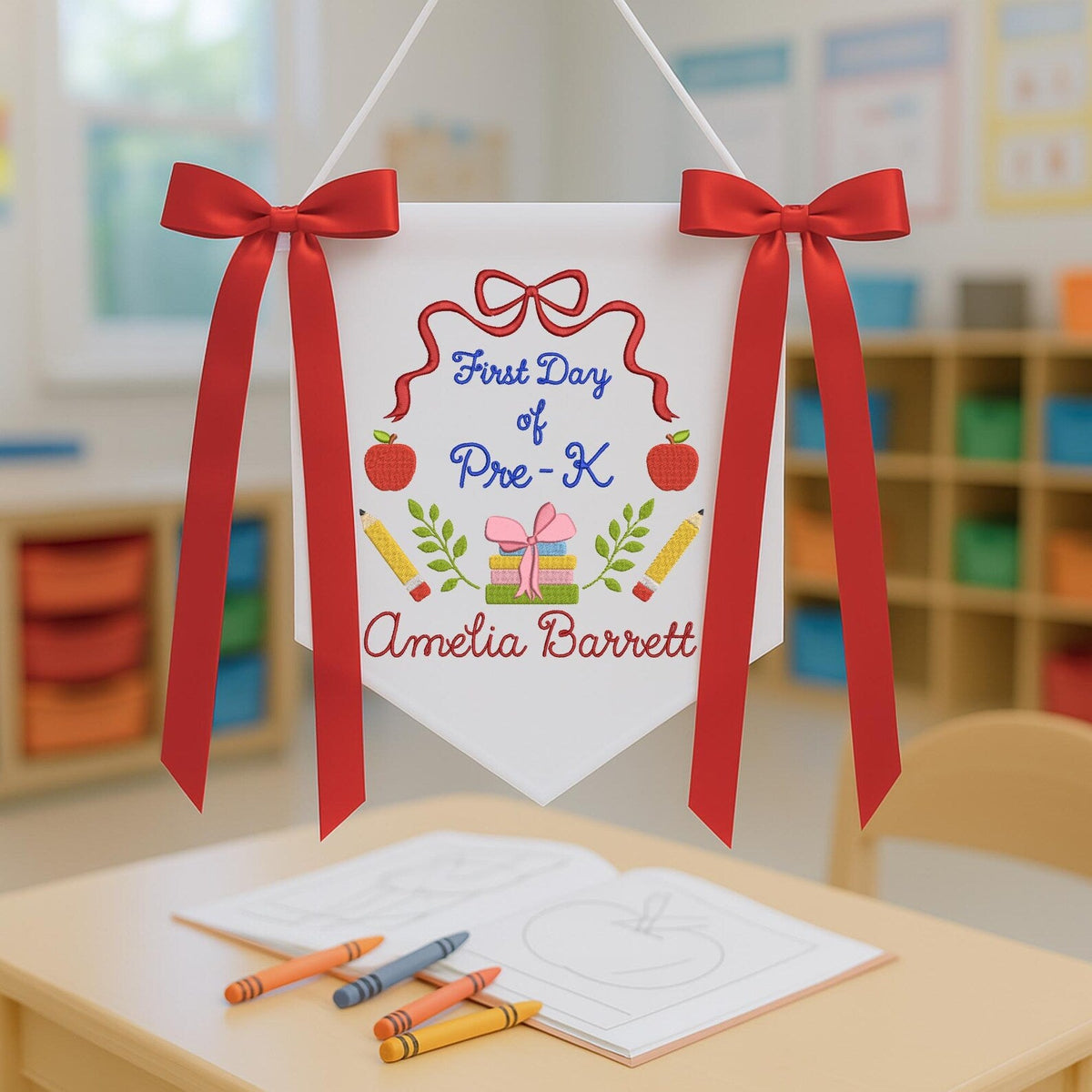Personalized Back to School Banner, First Day of School Pennant, Embroidered Flag Pennant