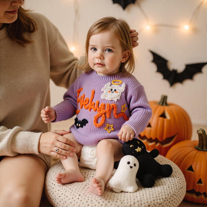 Happy Halloween Personalized Embroidered Baby Sweater, Custom Name