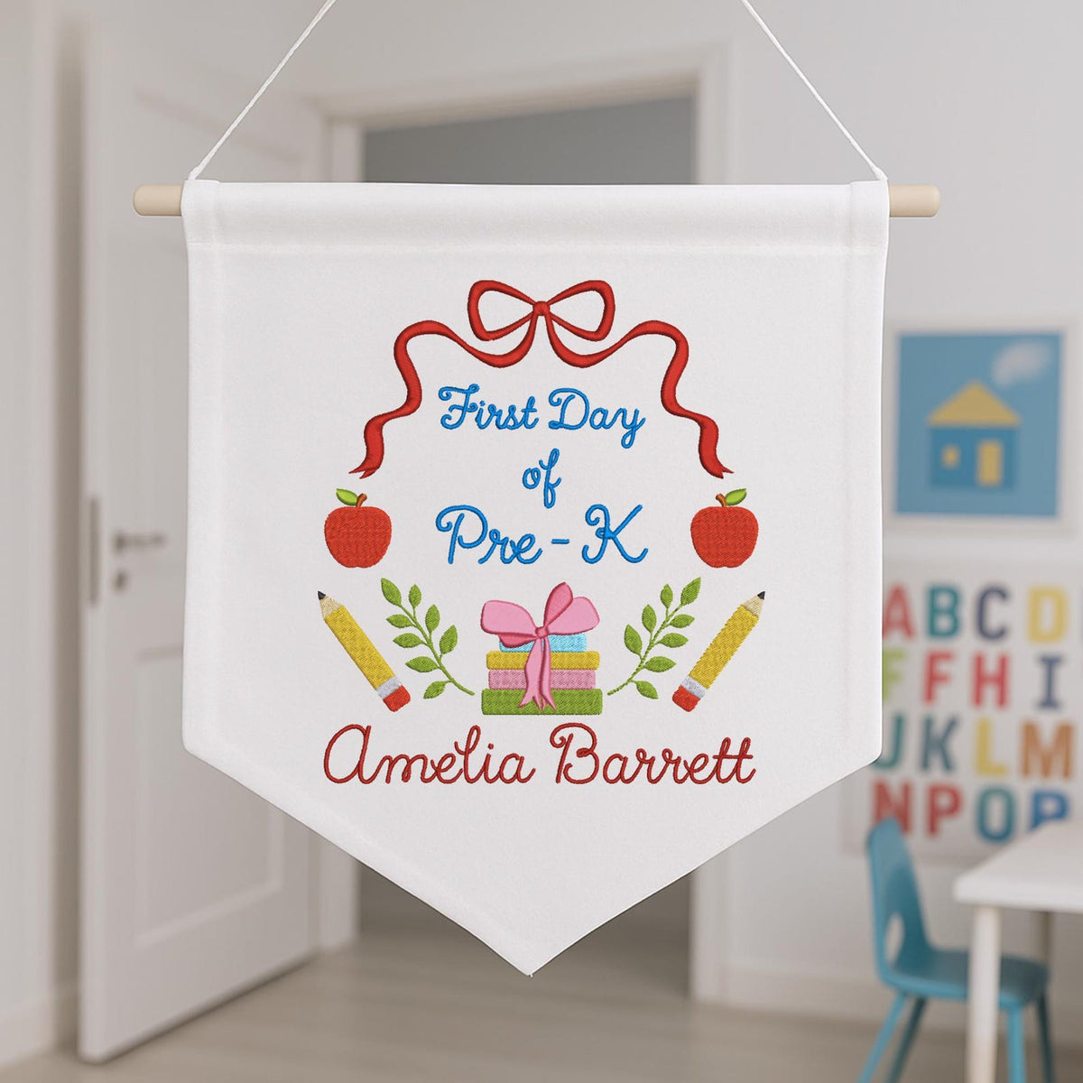 Personalized Back to School Banner, First Day of School Pennant, Embroidered Flag Pennant