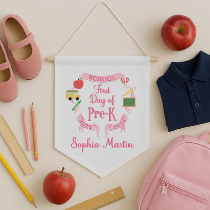 Personalized First Day of School Pennant, Embroidered Canvas Flag