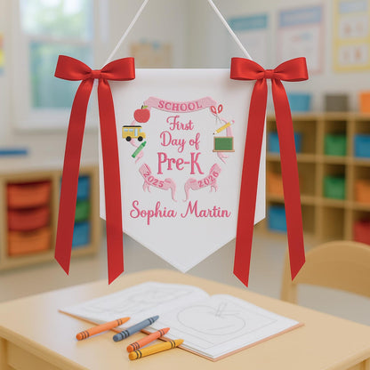 Personalized First Day of School Pennant, Embroidered Canvas Flag
