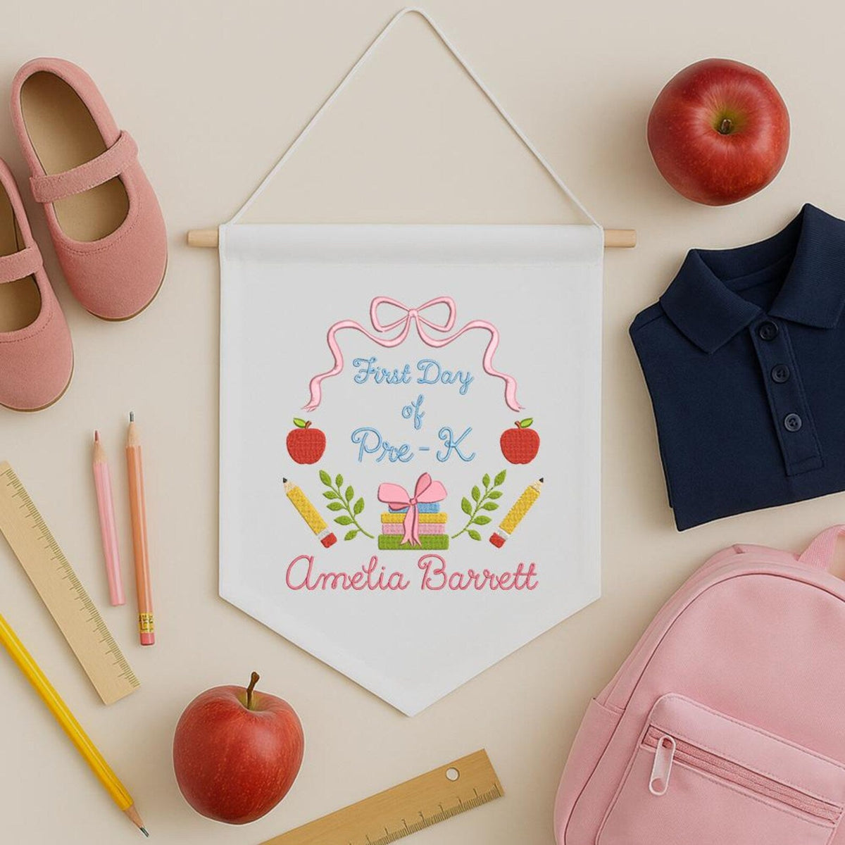 Personalized Back to School Banner, First Day of School Pennant, Embroidered Flag Pennant