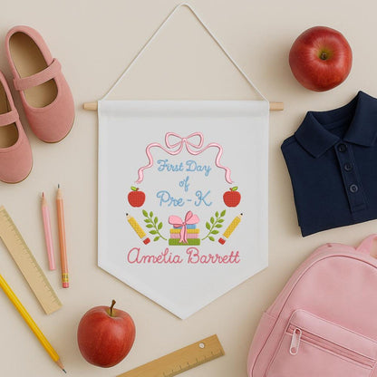 Personalized Back to School Banner, First Day of School Pennant, Embroidered Flag Pennant