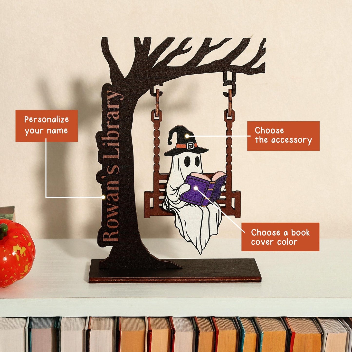 Chilling Ghost On Swing - Cute Ghost Decor, Library Sign, Adopt a Ghost, Reading Decor