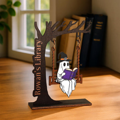 Chilling Ghost On Swing - Cute Ghost Decor, Library Sign, Adopt a Ghost, Reading Decor