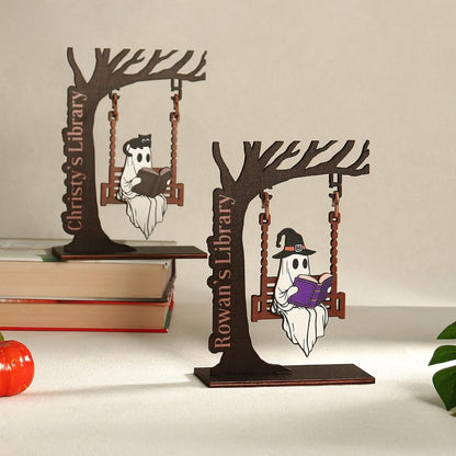 Chilling Ghost On Swing - Cute Ghost Decor, Library Sign, Adopt a Ghost, Reading Decor