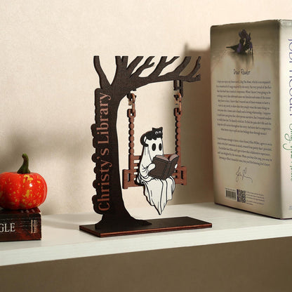 Chilling Ghost On Swing - Cute Ghost Decor, Library Sign, Adopt a Ghost, Reading Decor