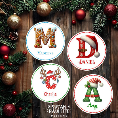 Personalized Initial Stickers for Christmas Gifts,  Christmas Themed Letter Stickers
