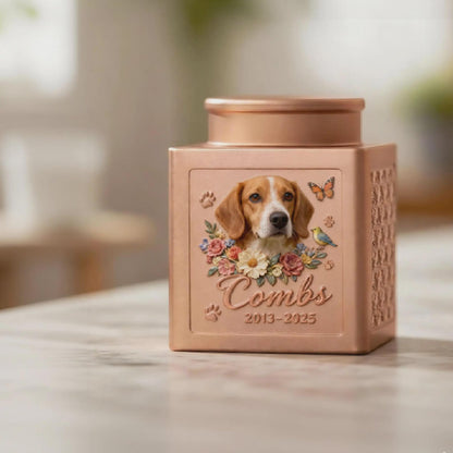 Personalized Floral Metal Dog Urn, Custom 3D Embossment Pet Portrait