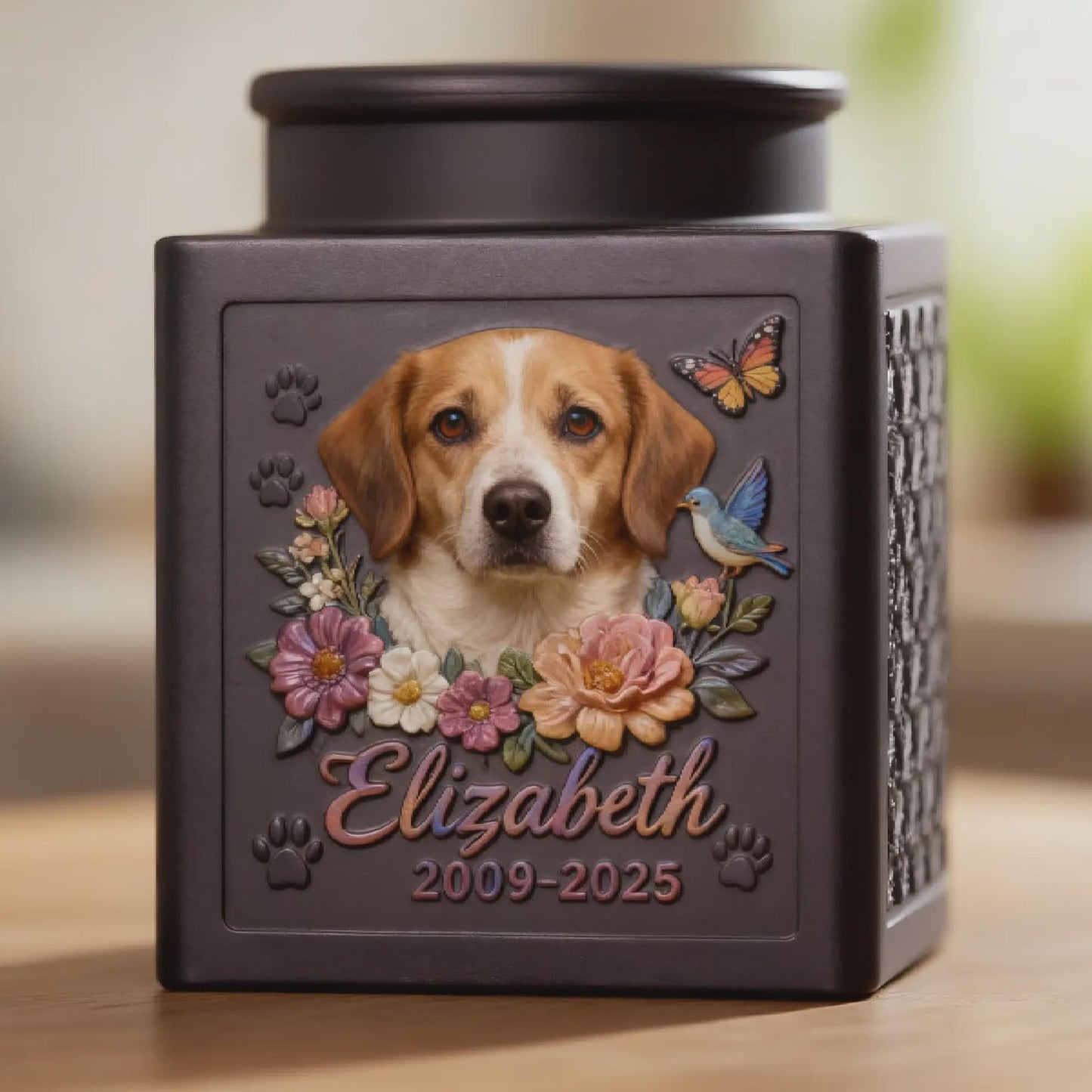 Personalized Floral Metal Dog Urn, Custom 3D Embossment Pet Portrait