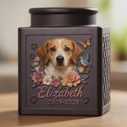 Personalized Floral Metal Dog Urn, Custom 3D Embossment Pet Portrait