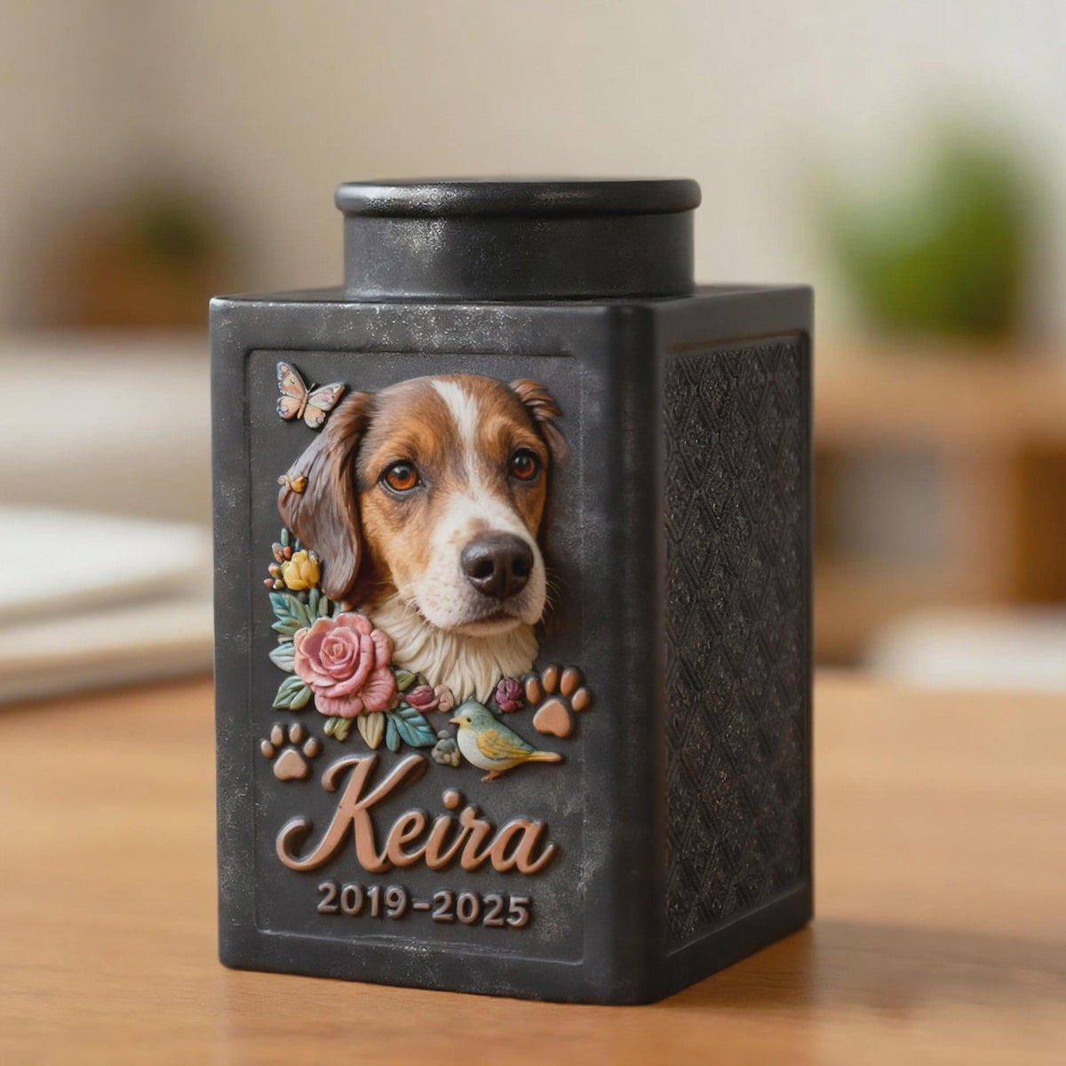 Personalized Floral Metal Dog Urn, Custom 3D Embossment Pet Portrait