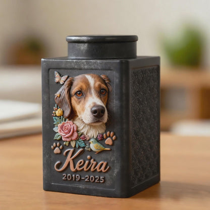 Personalized Floral Metal Dog Urn, Custom 3D Embossment Pet Portrait