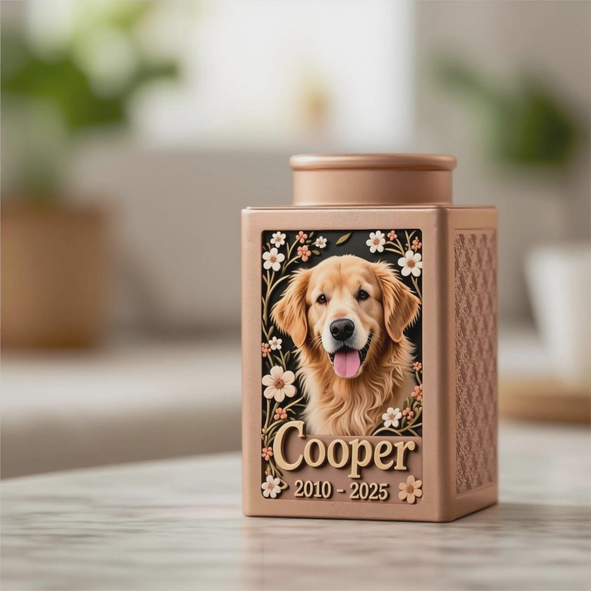 Personalized Floral Metal Dog Urn, Custom 3D Embossment Pet Portrait