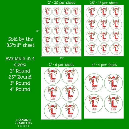Personalized Initial Stickers for Christmas Gifts,  Christmas Themed Letter Stickers