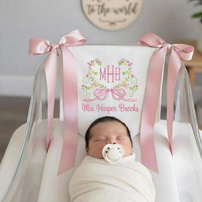 Custom Baby Banner With Heart Floral, Welcome Banner with Floral Crest, Bows Baby Banner