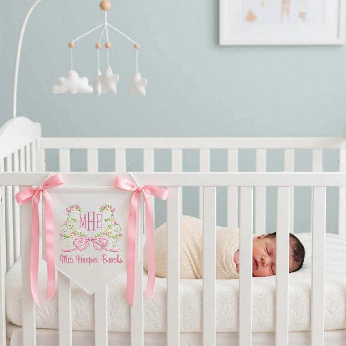 Custom Baby Banner With Heart Floral, Welcome Banner with Floral Crest, Bows Baby Banner