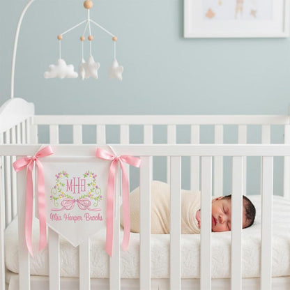Custom Baby Banner With Heart Floral, Welcome Banner with Floral Crest, Bows Baby Banner