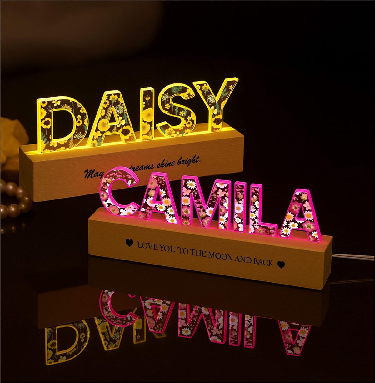 Personalized Floral Acrylic Name Lamp with LED RGB Light, Custom Nursery Night Light