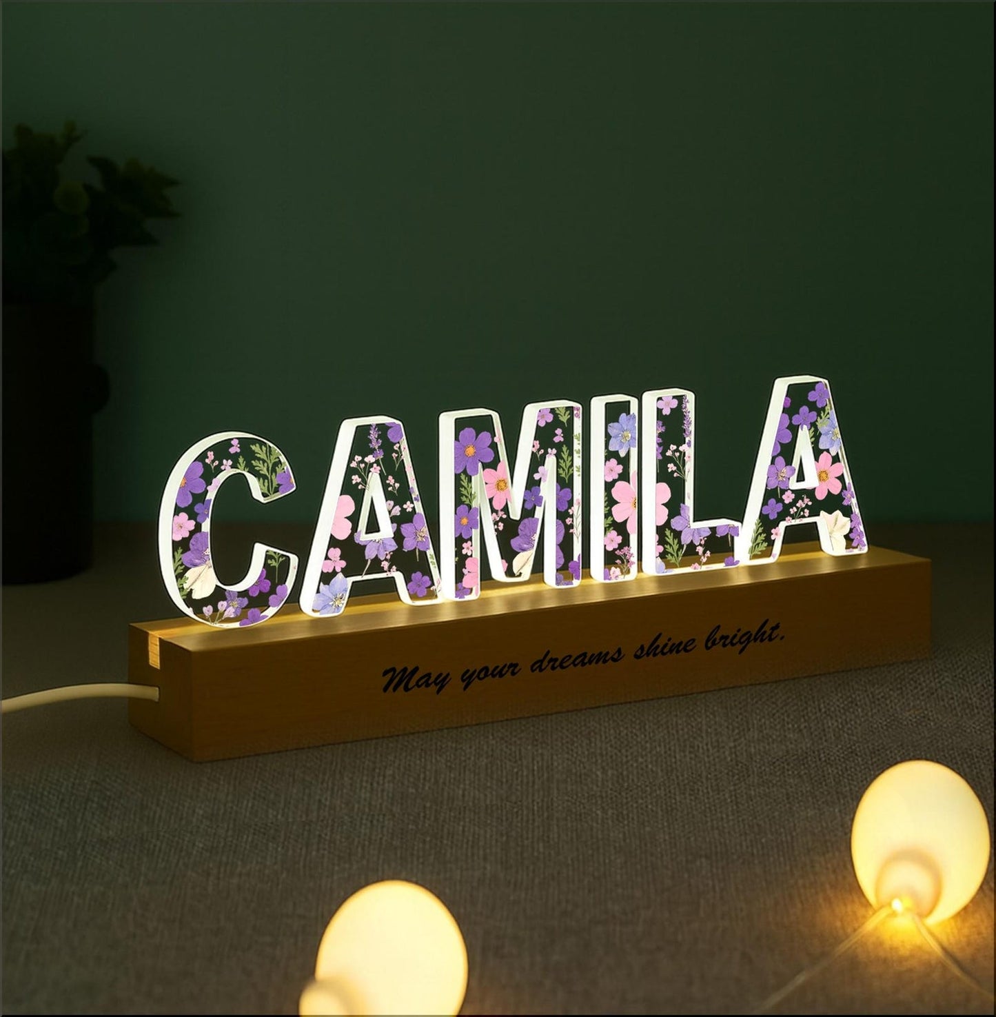 Personalized Floral Acrylic Name Lamp with LED RGB Light, Custom Nursery Night Light