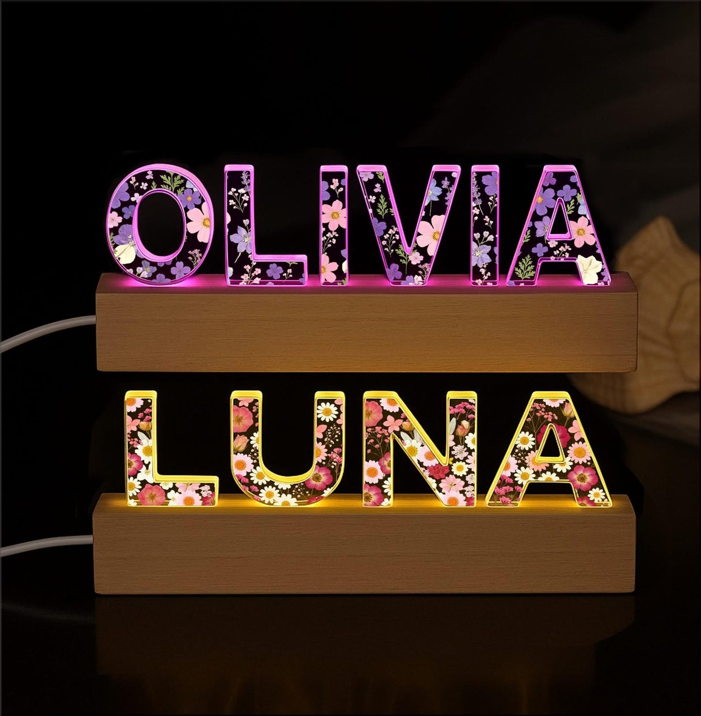 Personalized Floral Acrylic Name Lamp with LED RGB Light, Custom Nursery Night Light