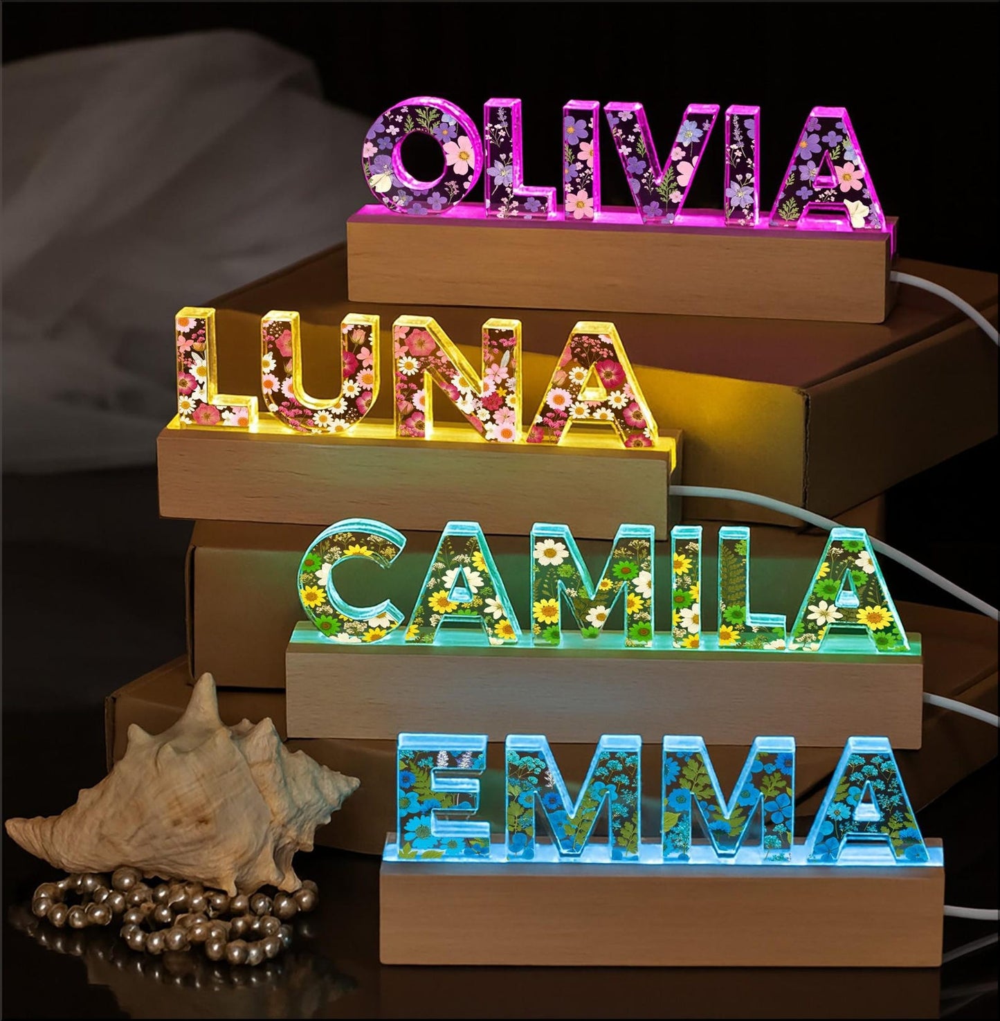 Personalized Floral Acrylic Name Lamp with LED RGB Light, Custom Nursery Night Light