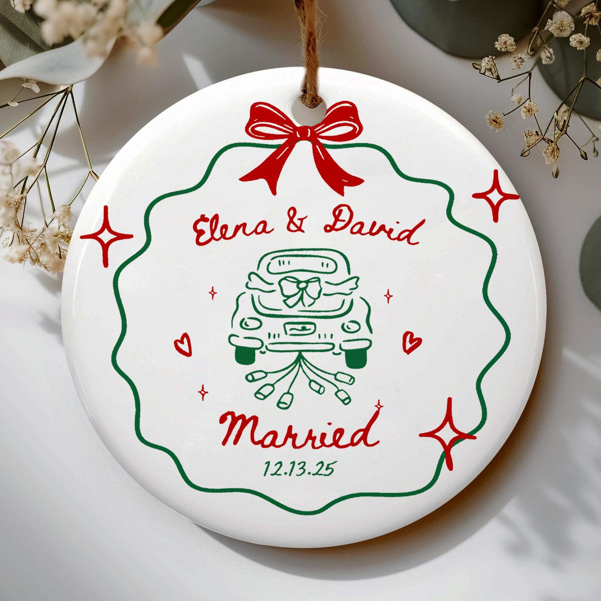 2 Sided Ceramic Ornament, Our First Christmas Engaged, Personalized Engagement Gift for Couples