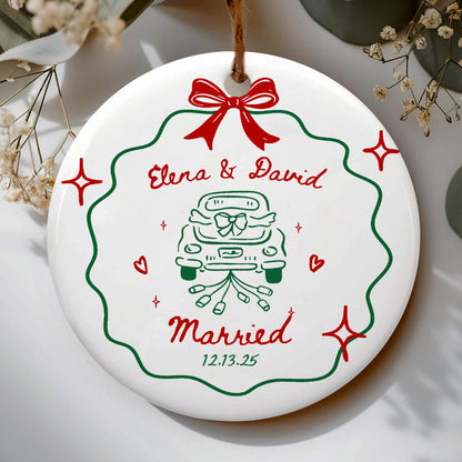 2 Sided Ceramic Ornament, Our First Christmas Engaged, Personalized Engagement Gift for Couples