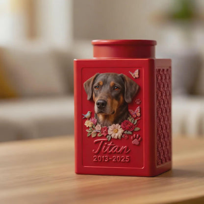 Personalized Floral Metal Dog Urn, Custom 3D Embossment Pet Portrait