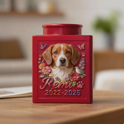 Personalized Floral Metal Dog Urn, Custom 3D Embossment Pet Portrait