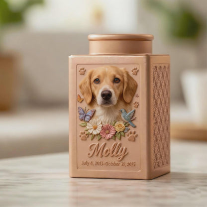 Personalized Floral Metal Dog Urn, Custom 3D Embossment Pet Portrait
