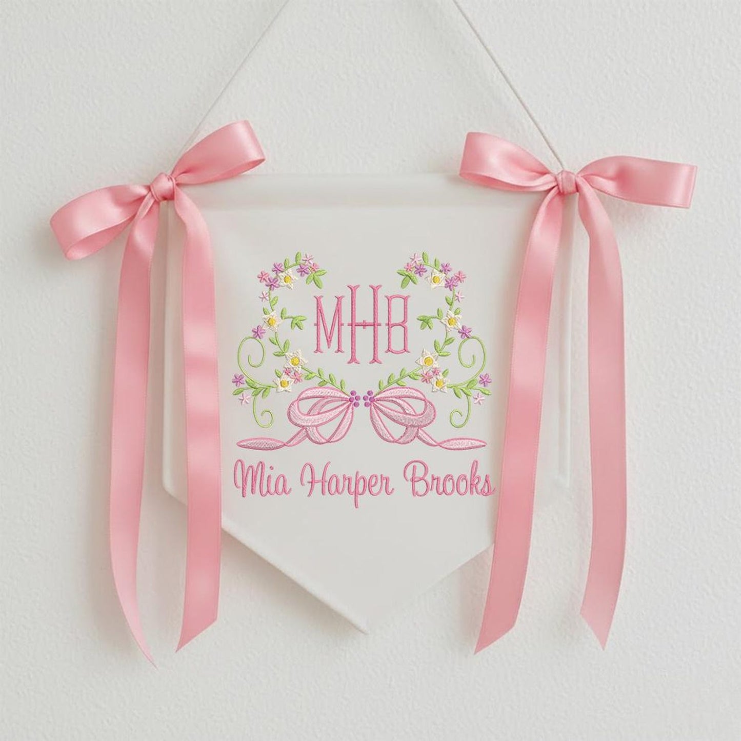 Custom Baby Banner With Heart Floral, Welcome Banner with Floral Crest, Bows Baby Banner