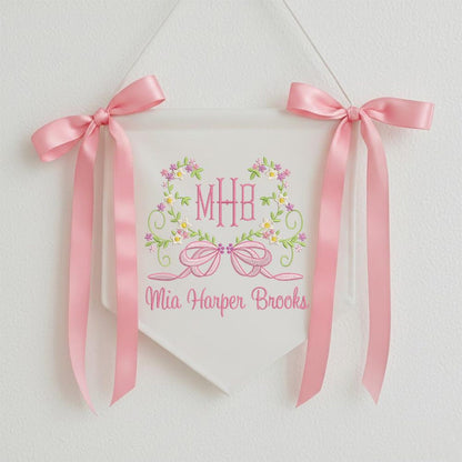 Custom Baby Banner With Heart Floral, Welcome Banner with Floral Crest, Bows Baby Banner