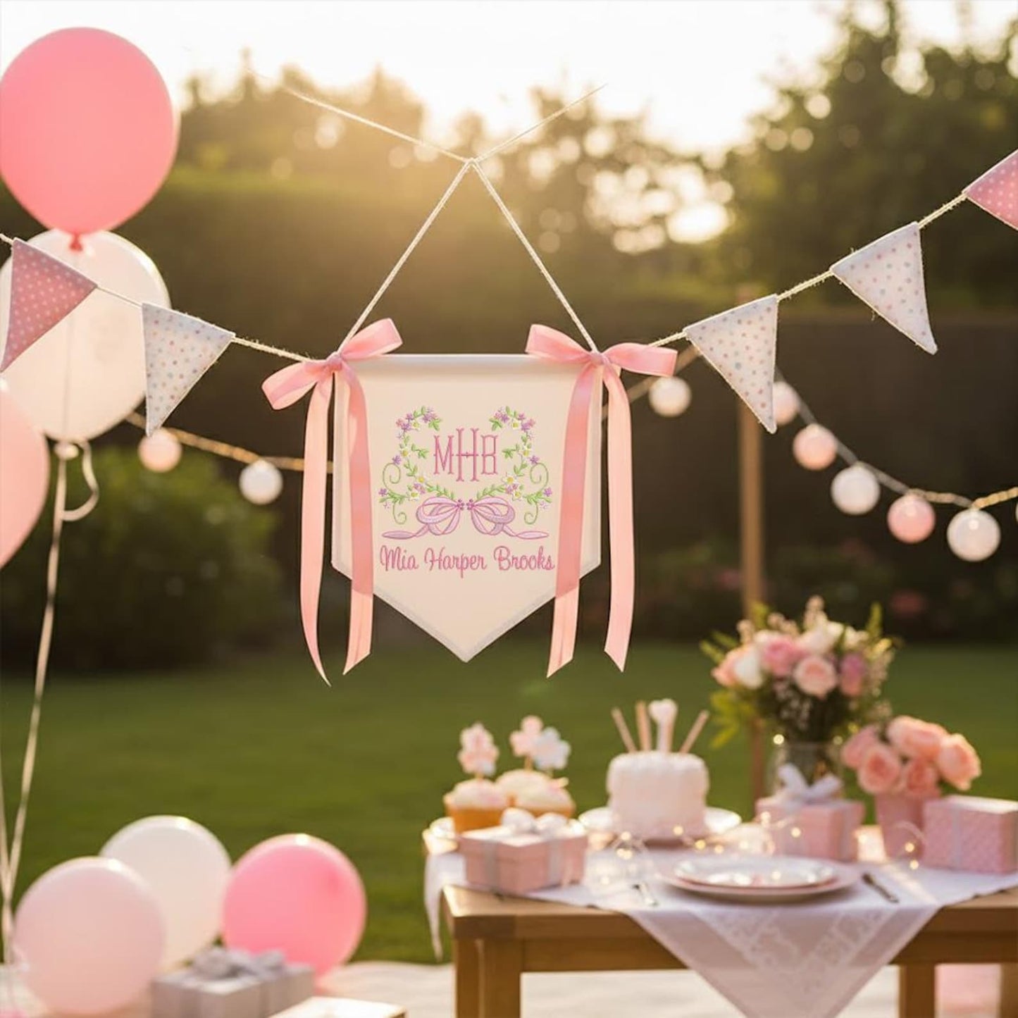 Custom Baby Banner With Heart Floral, Welcome Banner with Floral Crest, Bows Baby Banner