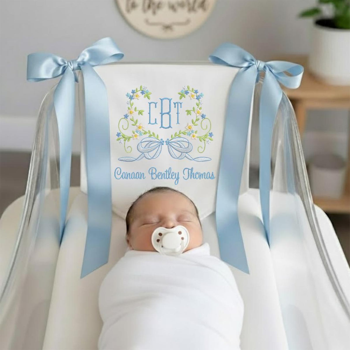 Custom Baby Banner With Heart Floral, Welcome Banner with Floral Crest, Bows Baby Banner
