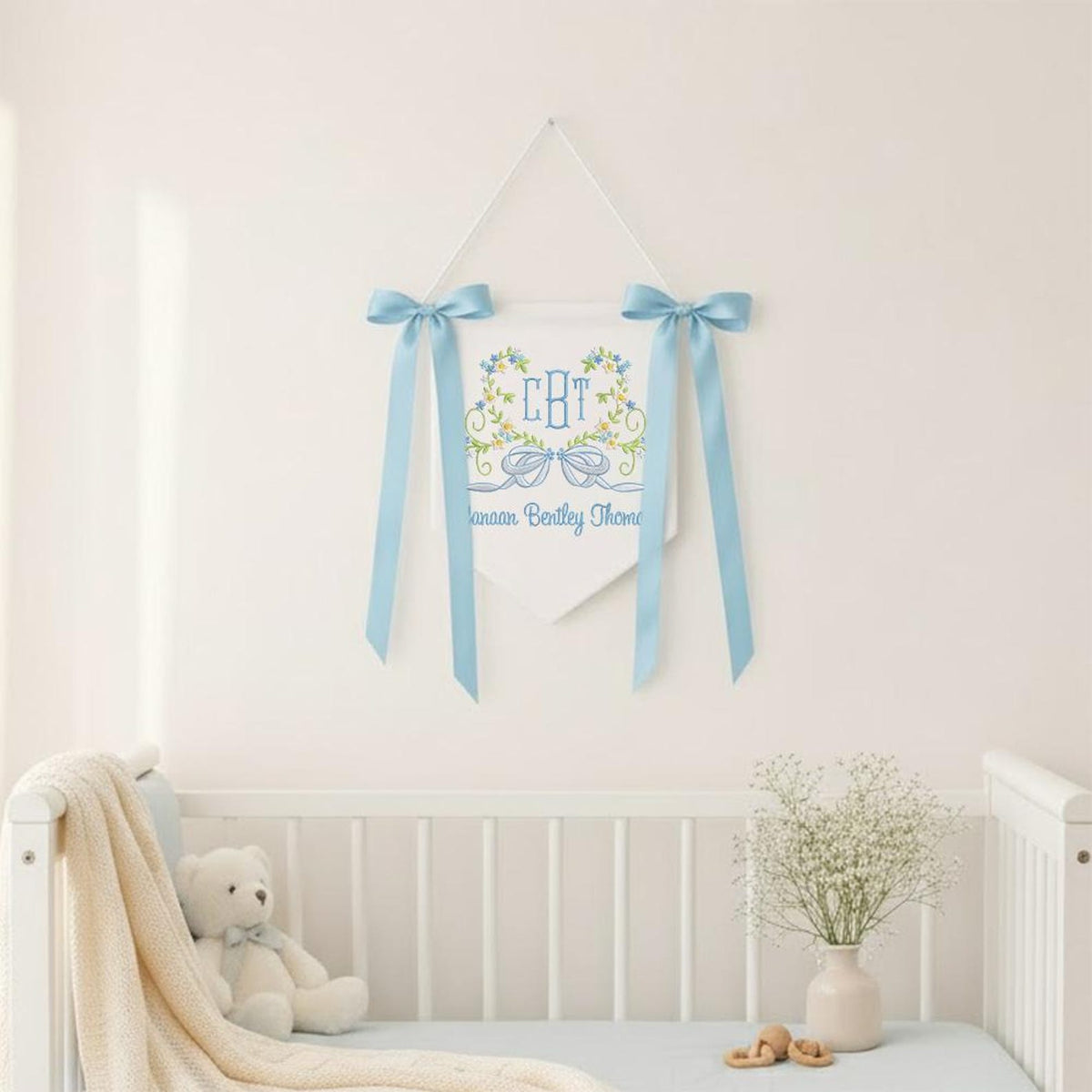 Custom Baby Banner With Heart Floral, Welcome Banner with Floral Crest, Bows Baby Banner
