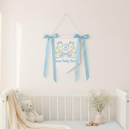 Custom Baby Banner With Heart Floral, Welcome Banner with Floral Crest, Bows Baby Banner