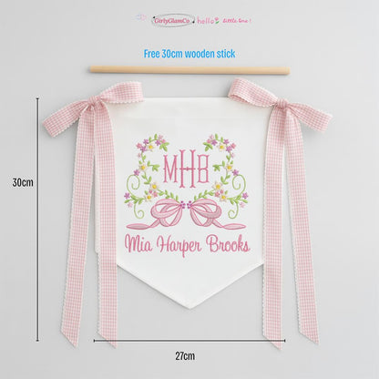 Custom Baby Banner With Heart Floral, Welcome Banner with Floral Crest, Bows Baby Banner