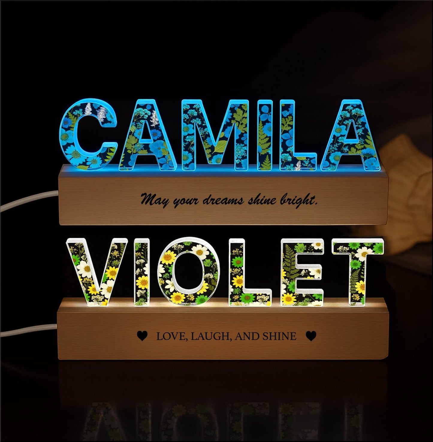 Personalized Floral Acrylic Name Lamp with LED RGB Light, Custom Nursery Night Light