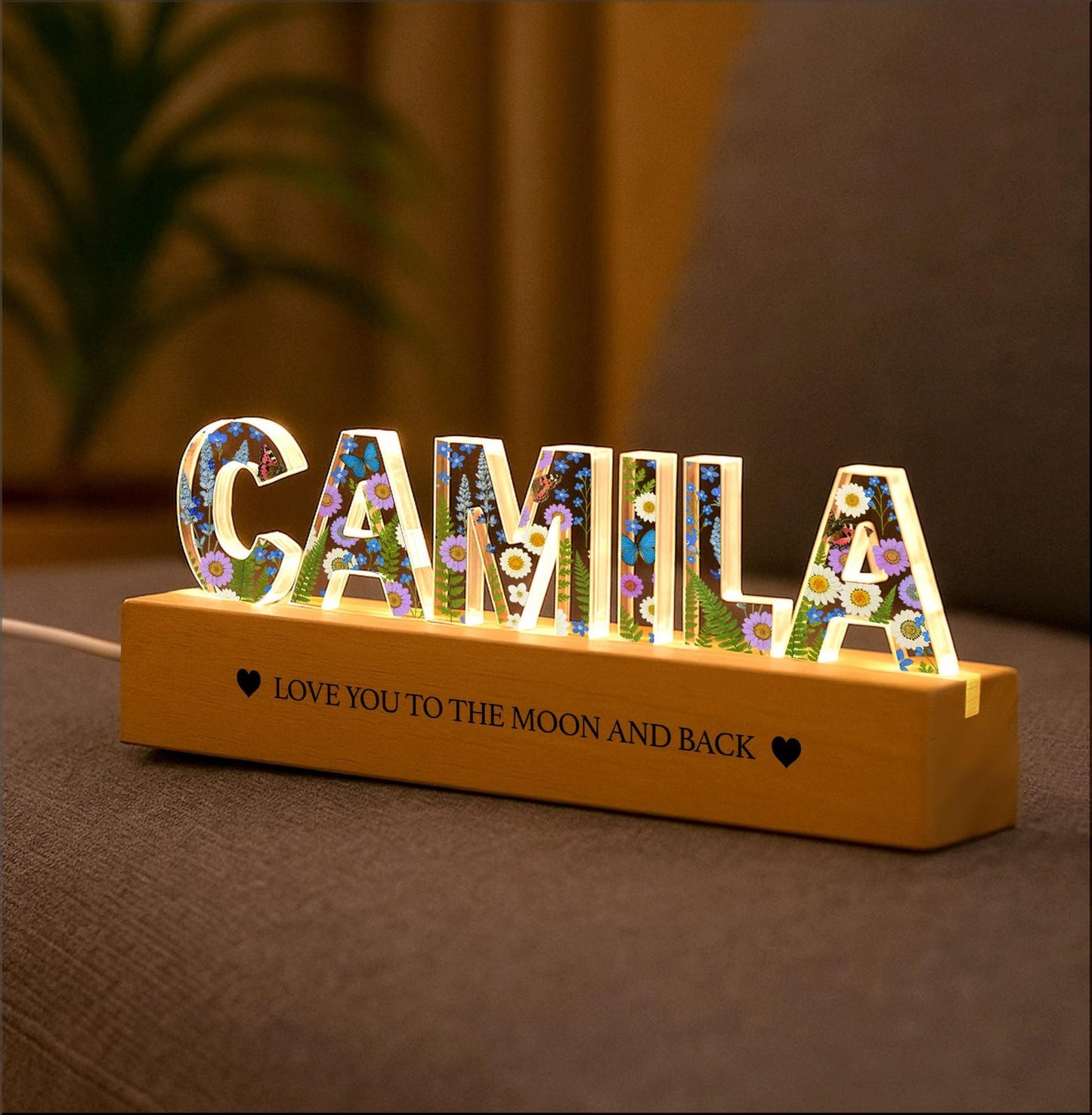 Personalized Floral Acrylic Name Lamp with LED RGB Light, Custom Nursery Night Light