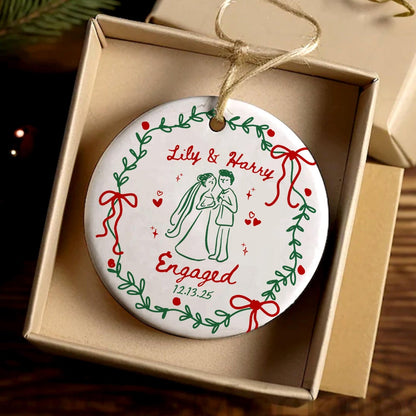 2 Sided Ceramic Ornament, Our First Christmas Engaged, Personalized Engagement Gift for Couples